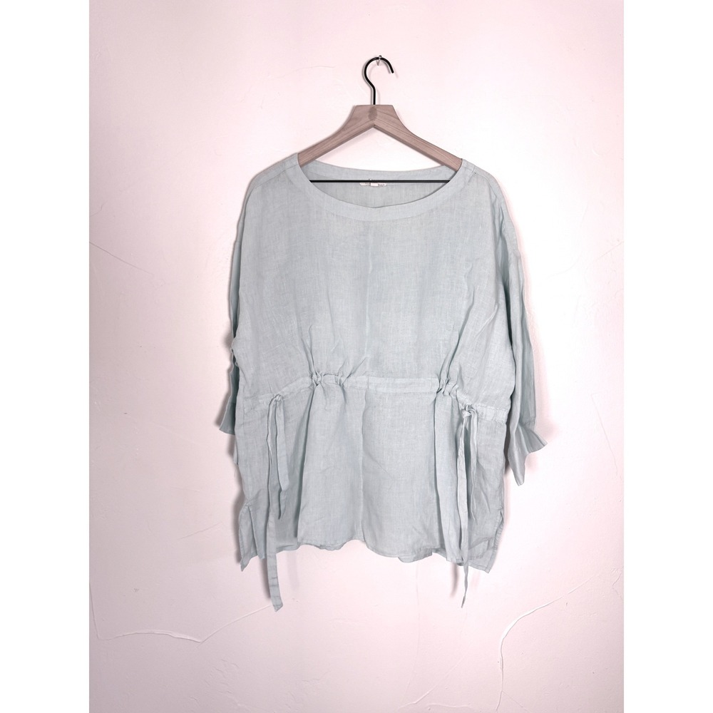 Eileen Fisher Aqua Blue Linen Drawstring Tunic Top 3/4 Sleeve XL
